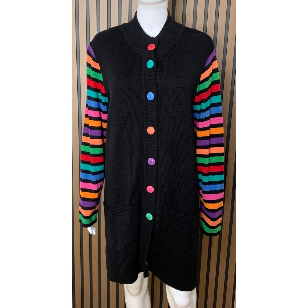 Bob Mackie Wearable Art Cardigan Sweater Black Rainbow Stripe Button L Lagenlook